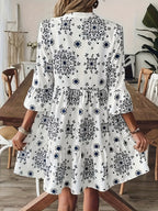 Vestido Corto Estampado Floral Blanco Estilo Boho Casual para Verano con Manga 3/4 y Corte Suelto