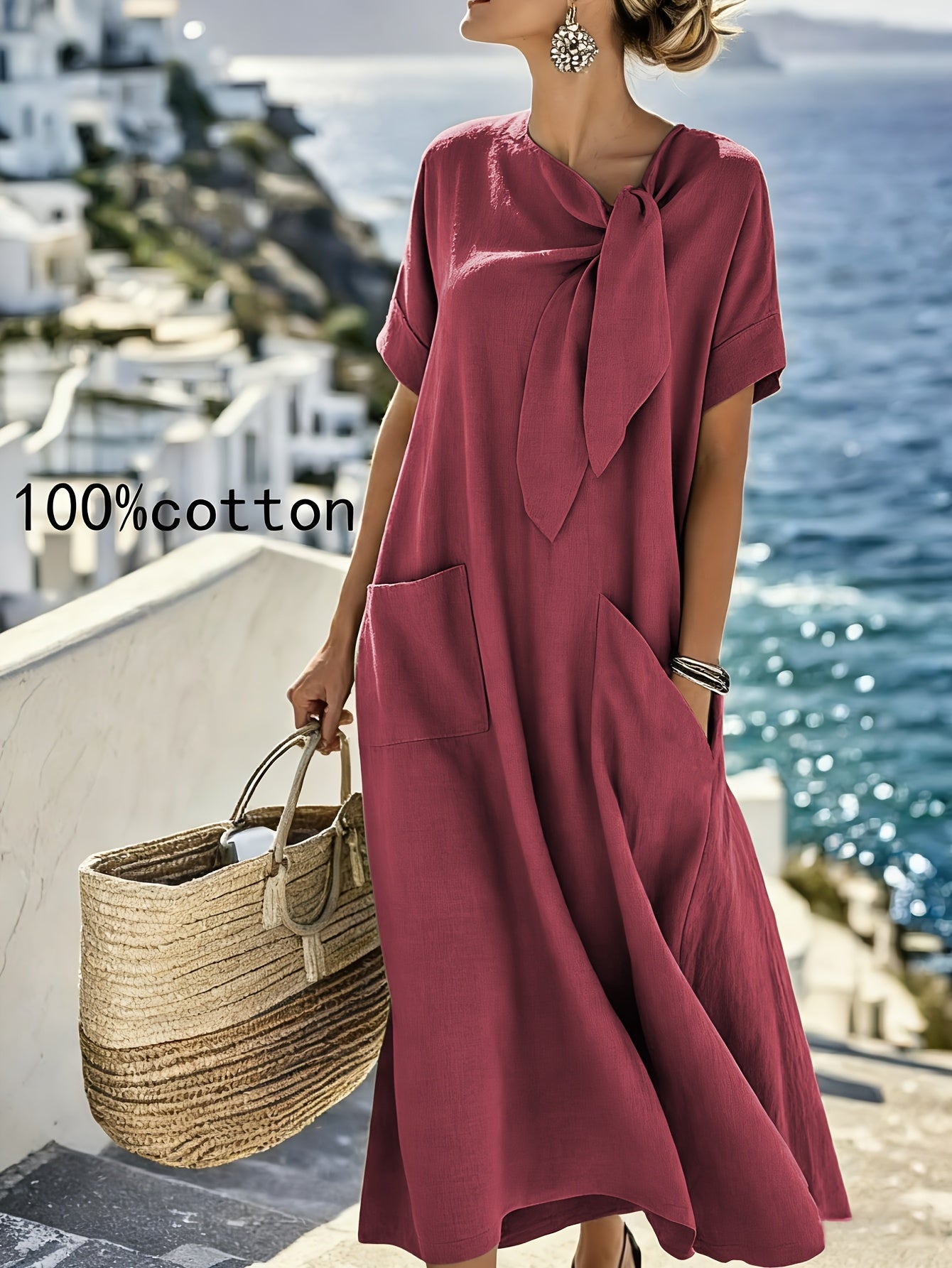 Vestido Midi Negro 100% Algodón Manga Corta Lazo Frontal con Bolsillos Casual Elegante Mujer