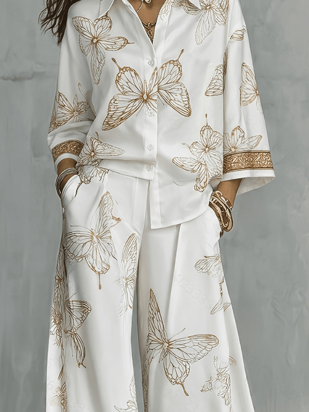 Conjunto Mujer Camisa Estampada y Pantalón Palazzo con Mariposas Casual Elegante para Vacaciones y Verano