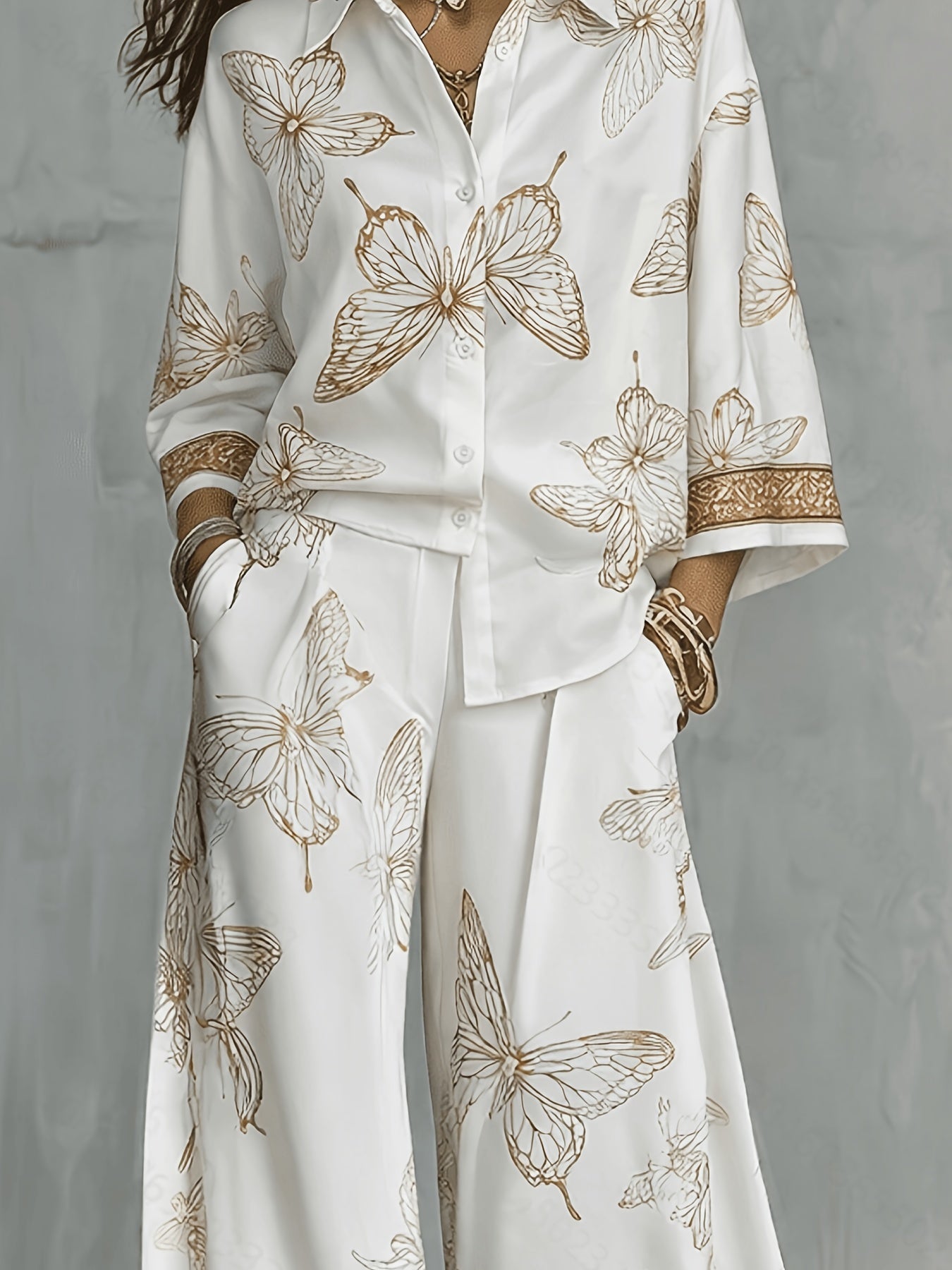 Conjunto Mujer Camisa Estampada y Pantalón Palazzo con Mariposas Casual Elegante para Vacaciones y Verano