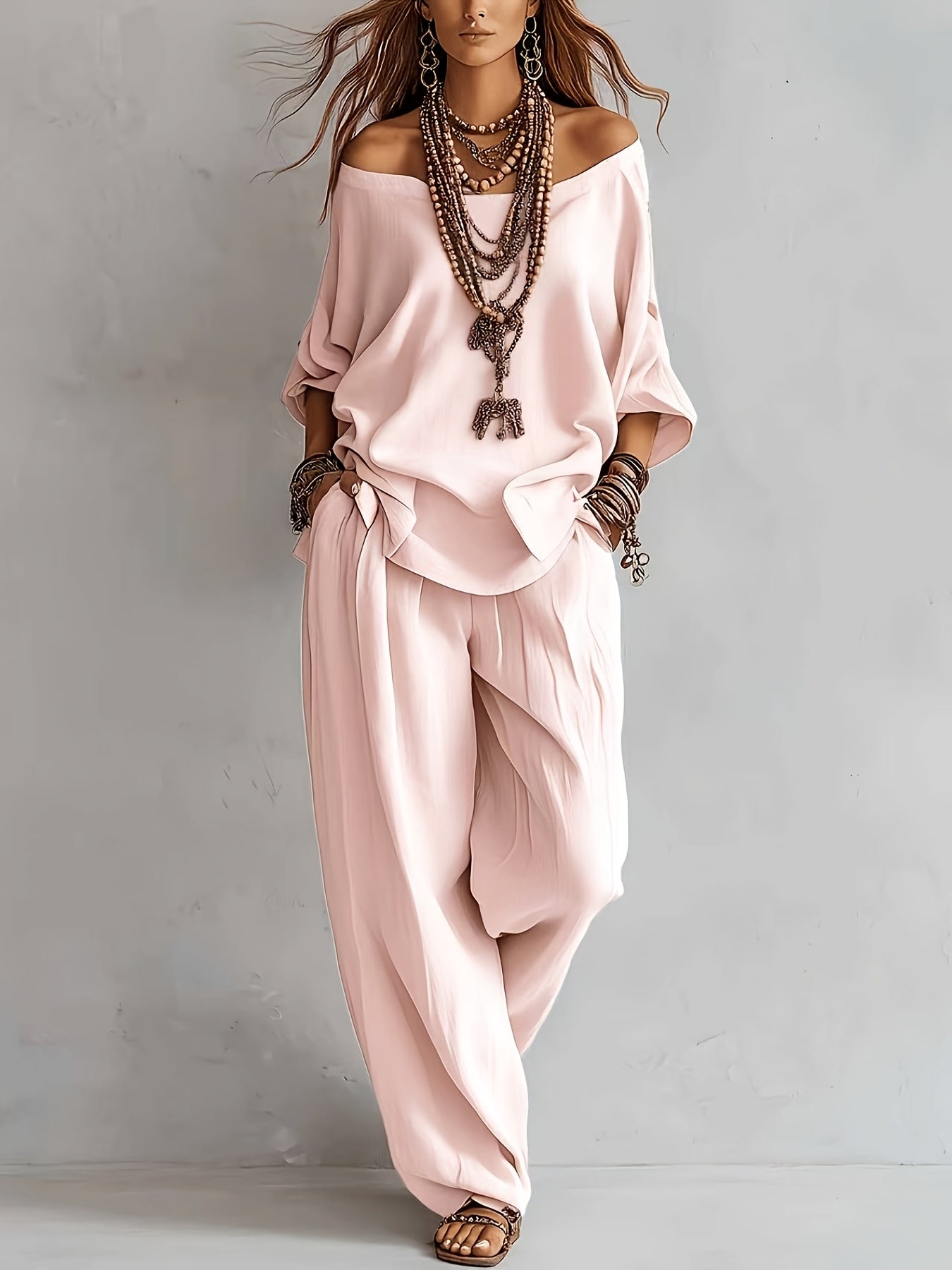 Conjunto Mujer Blusa de Hombros Descubiertos y Pantalón Amplio Estilo Boho Chic para Verano y Vacaciones