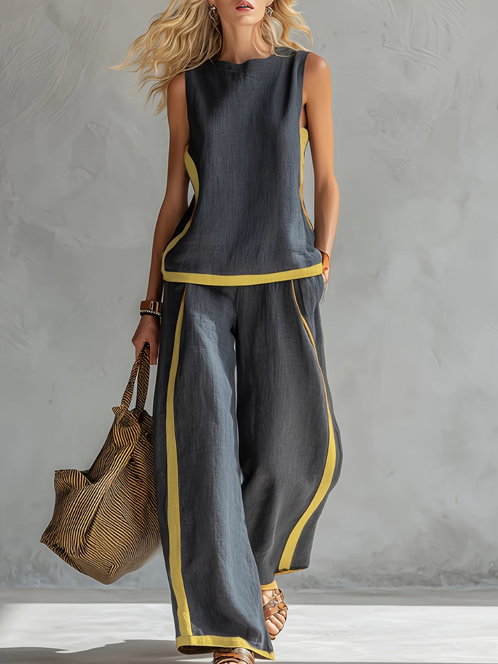 Conjunto Mujer con Pantalón Palazzo de Lino Ligero y Detalles Mostaza Casual Verano