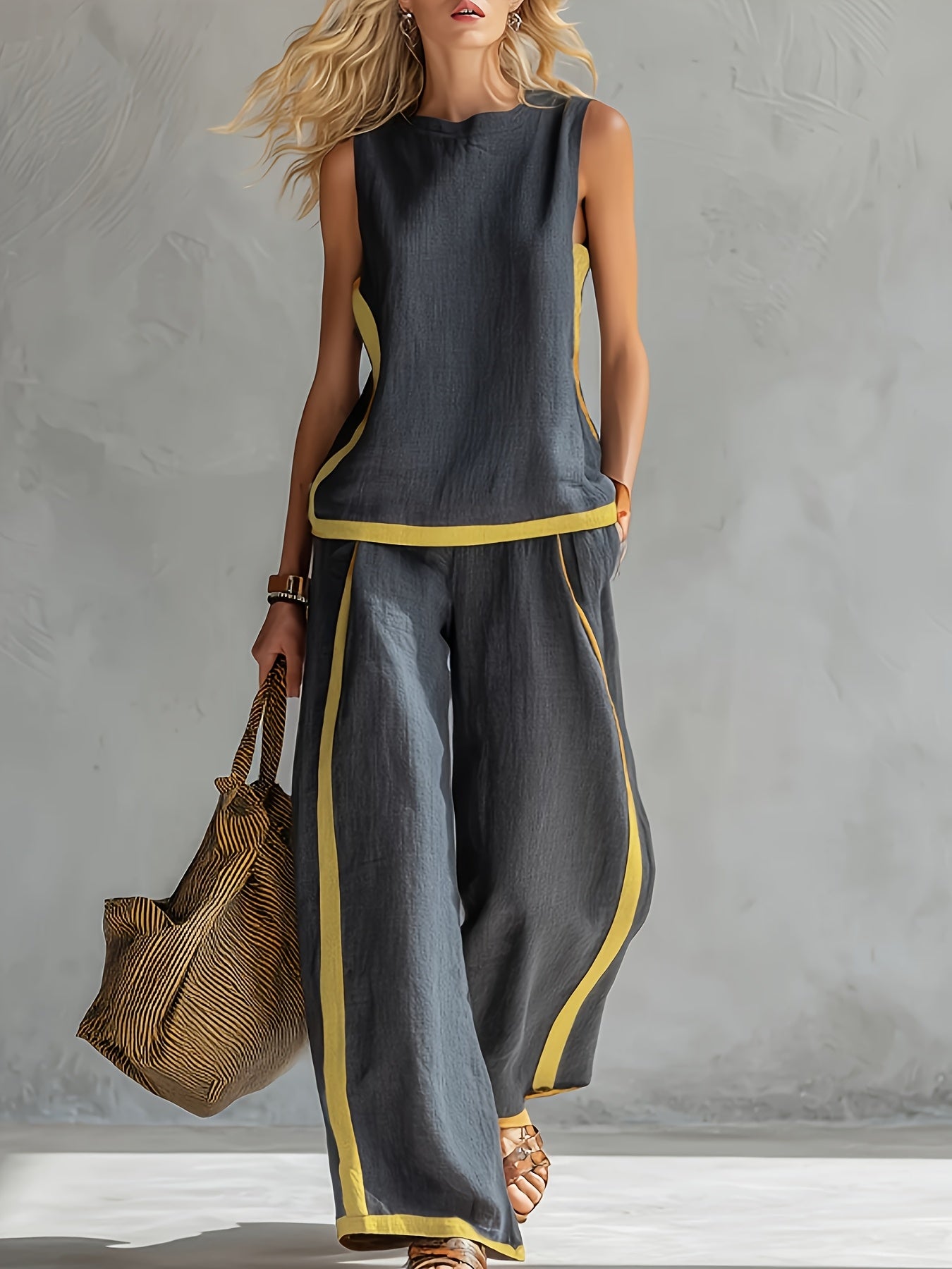 Conjunto Mujer con Pantalón Palazzo de Lino Ligero y Detalles Mostaza Casual Verano