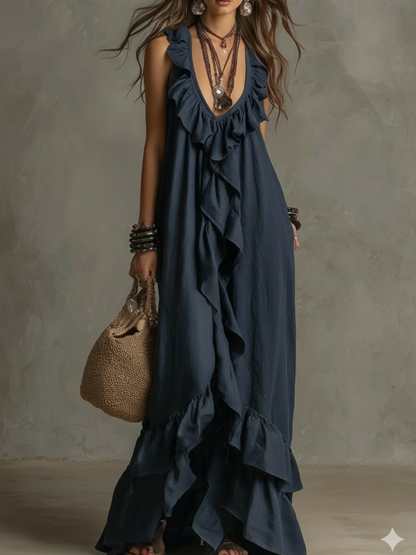 Vestido Maxi Negro Volantes Escote V Profundo Sin Manga Boho Chic Playa Noche Mujer Elegante