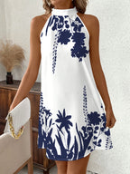 Vestido de Verano para Mujer con Cuello Halter - Estampado Floral en Blanco y , Mini A-Line, Manga Corta, Detalle Nudo, Lavable a Máquina, Elegante Vestido Casual, Sin Elástico