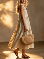 Vestido Maxi Beige Lino Sin Manga Halter Botones Falda Escalonada Boho Casual Playa Mujer