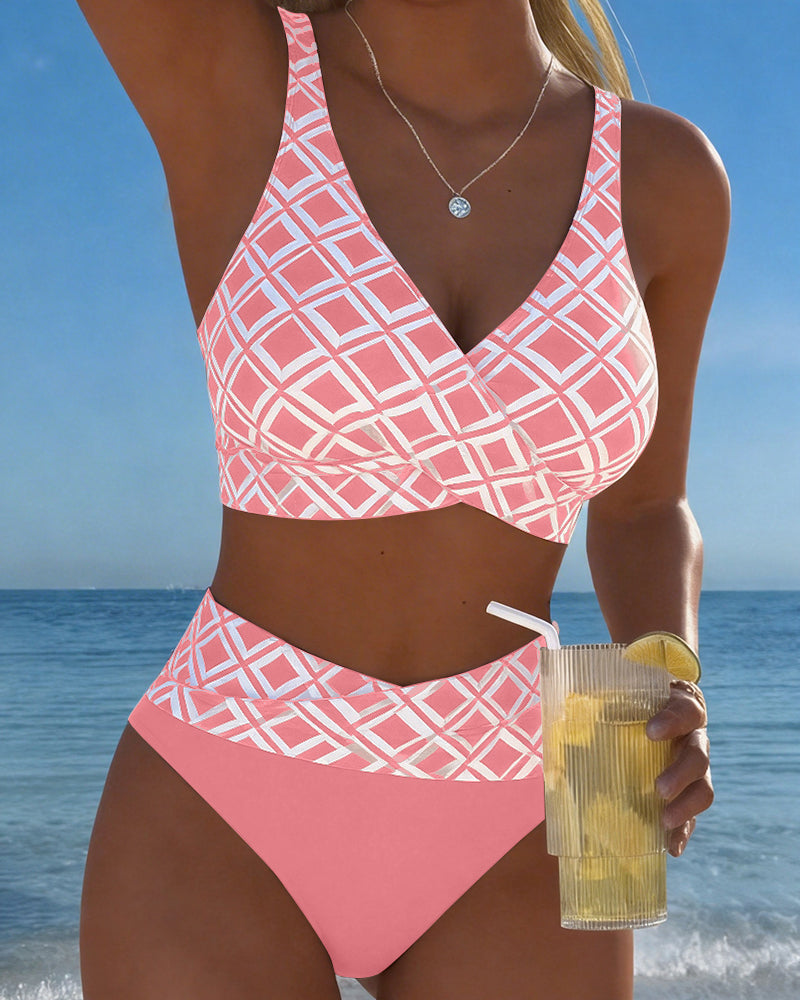 Bikini de Tiro Alto con Estampado Geométrico Estilo Playa para Mujer con Top Cruzado y Soporte Cómodo