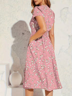 Vestido Elegante de Manga Corta con Estampado Floral y Cintura Ajustada en la Cadera, Modelo A-Line