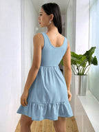 Vestido Corto Casual Sin Mangas Vino Corte Babydoll con Volante Ligero para Mujer