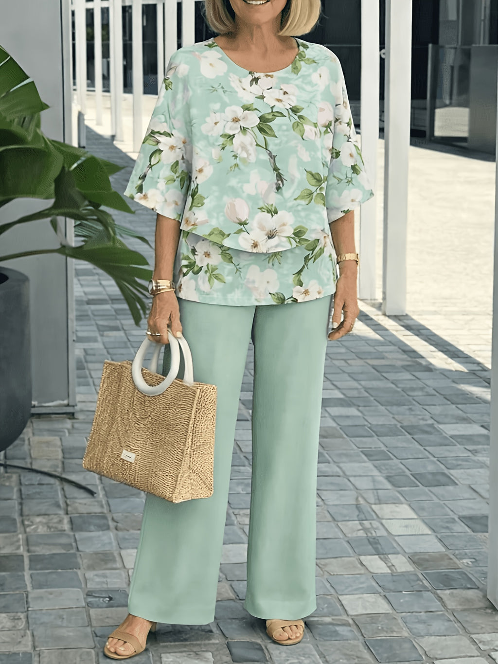 Conjunto 2 Piezas Verde Menta Blusa Floral Manga 3/4 y Pantalón Palazzo Casual Elegante Mujer