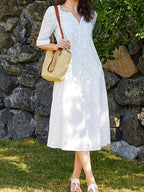 Vestido Midi Blanco Flores Bordadas Manga 3/4 Escote en V Romántico Casual con Bolsillos para Mujer