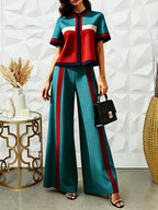 Conjunto 2 Piezas Color Block Verde Teal y Rojo Top Cropped Pantalón Recto Franja Sport Chic Mujer