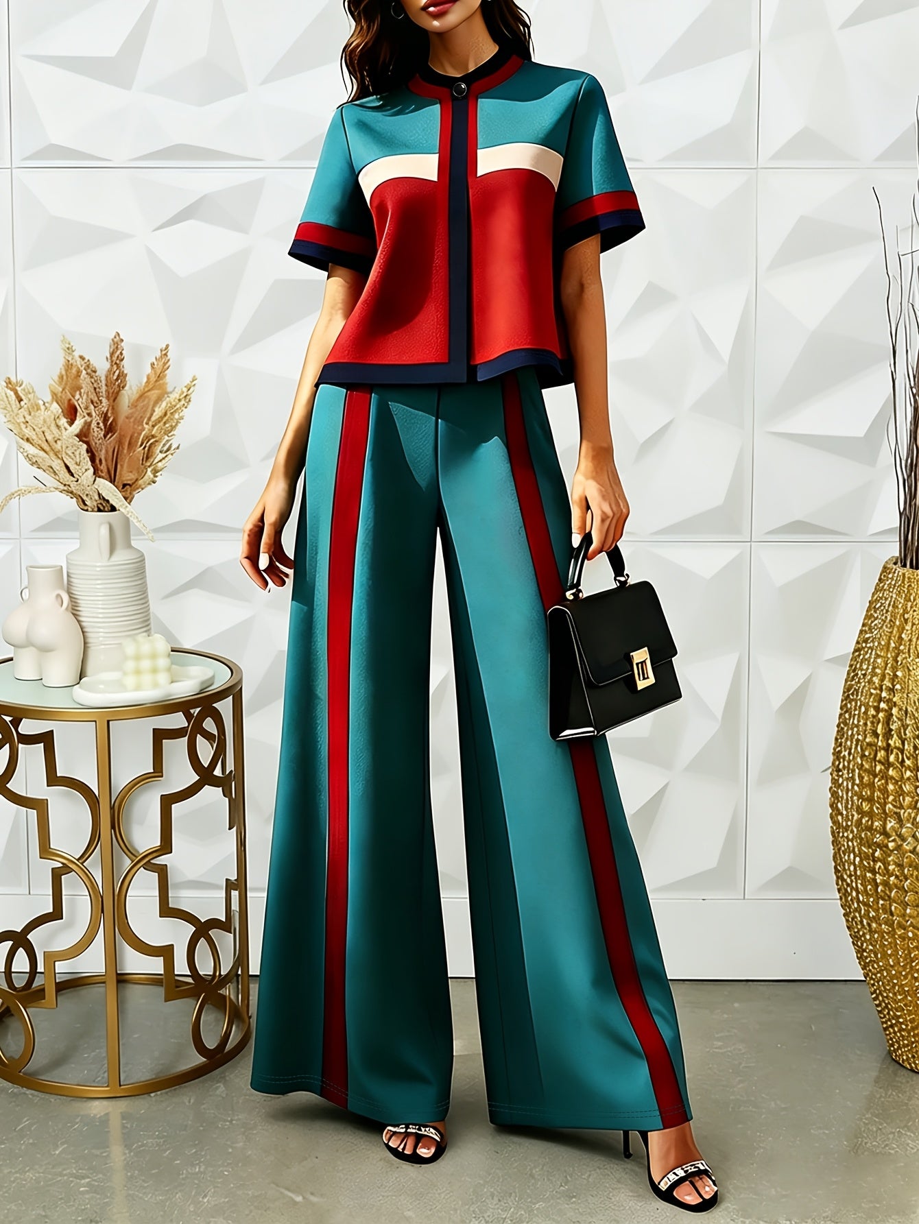 Conjunto 2 Piezas Color Block Verde Teal y Rojo Top Cropped Pantalón Recto Franja Sport Chic Mujer