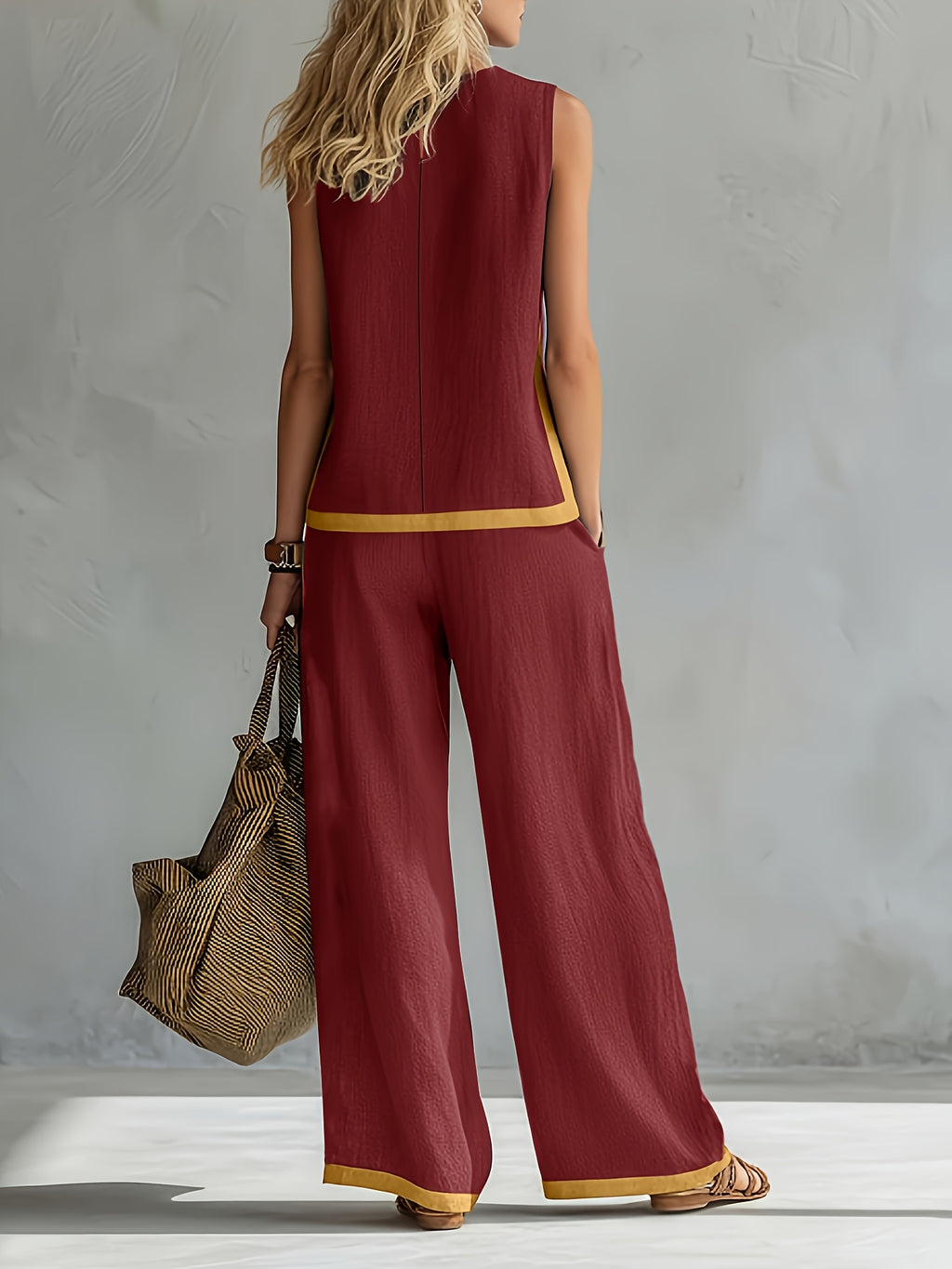 Conjunto Mujer con Pantalón Palazzo de Lino Ligero y Detalles Mostaza Casual Verano