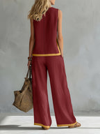 Conjunto Mujer con Pantalón Palazzo de Lino Ligero y Detalles Mostaza Casual Verano