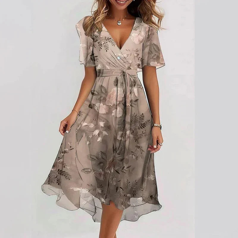 Vestido Femenino Floral Midi con Escote en V para Verano Multicolor
