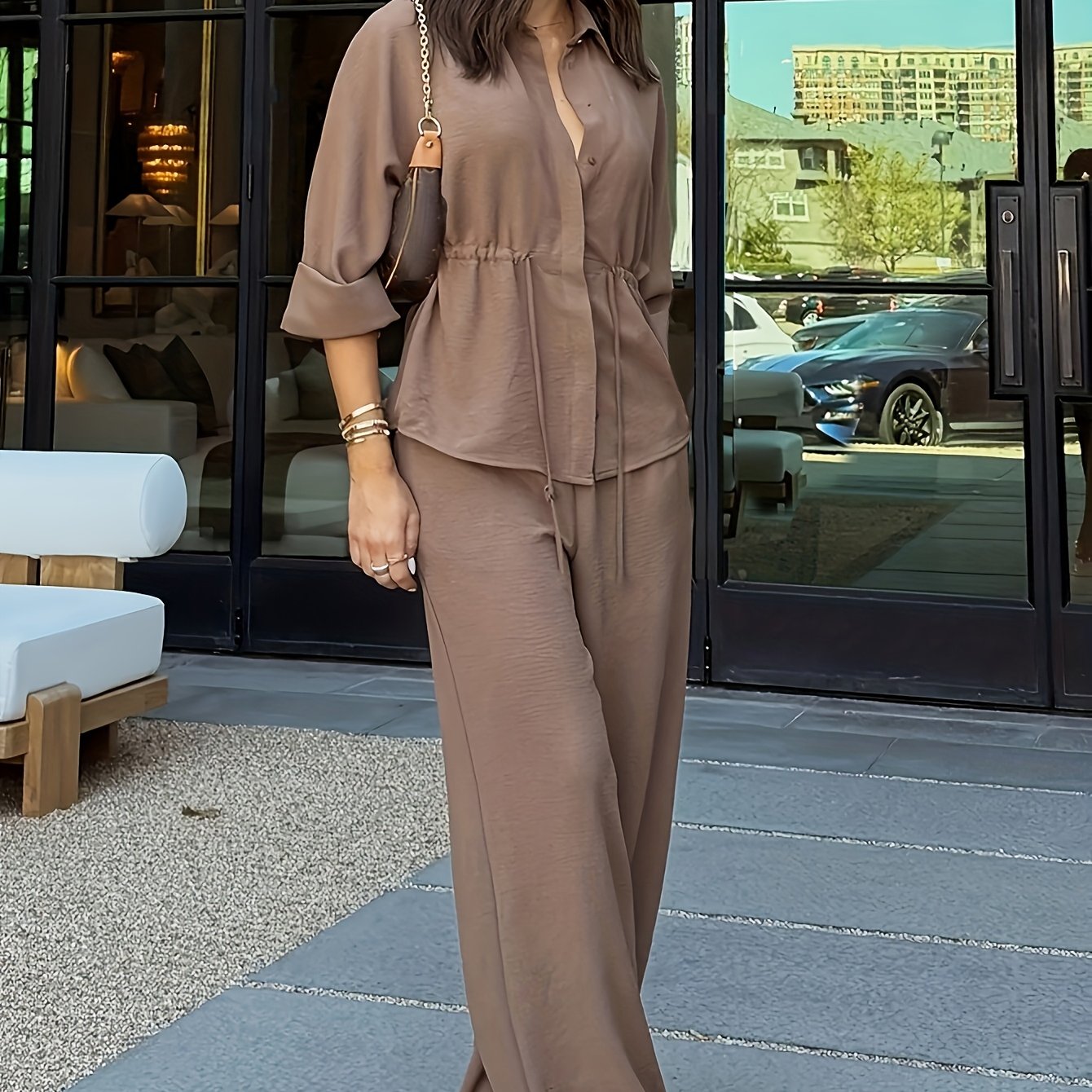 Conjunto Mujer Lino con Pantalón Palazzo Cintura Ajustable Casual Elegante