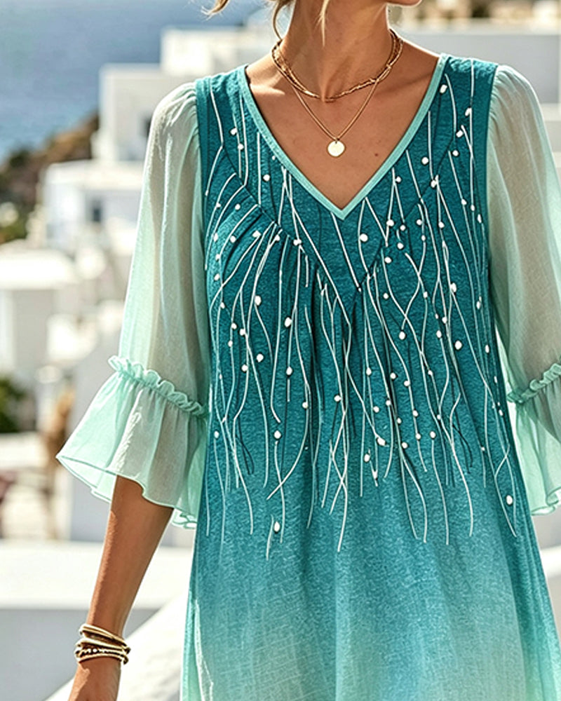 Kleid V-Ausschnitt Ombre Rüschensaum