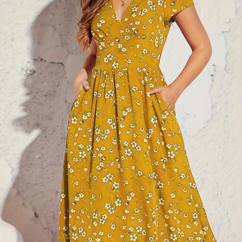 Vestido Elegante de Manga Corta con Estampado Floral y Cintura Ajustada en la Cadera, Modelo A-Line