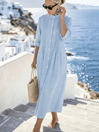 Vestido Maxi Azul Cielo Lino Cuello Mao Botones Frontales Plisado Casual Playa Vacaciones Mujer