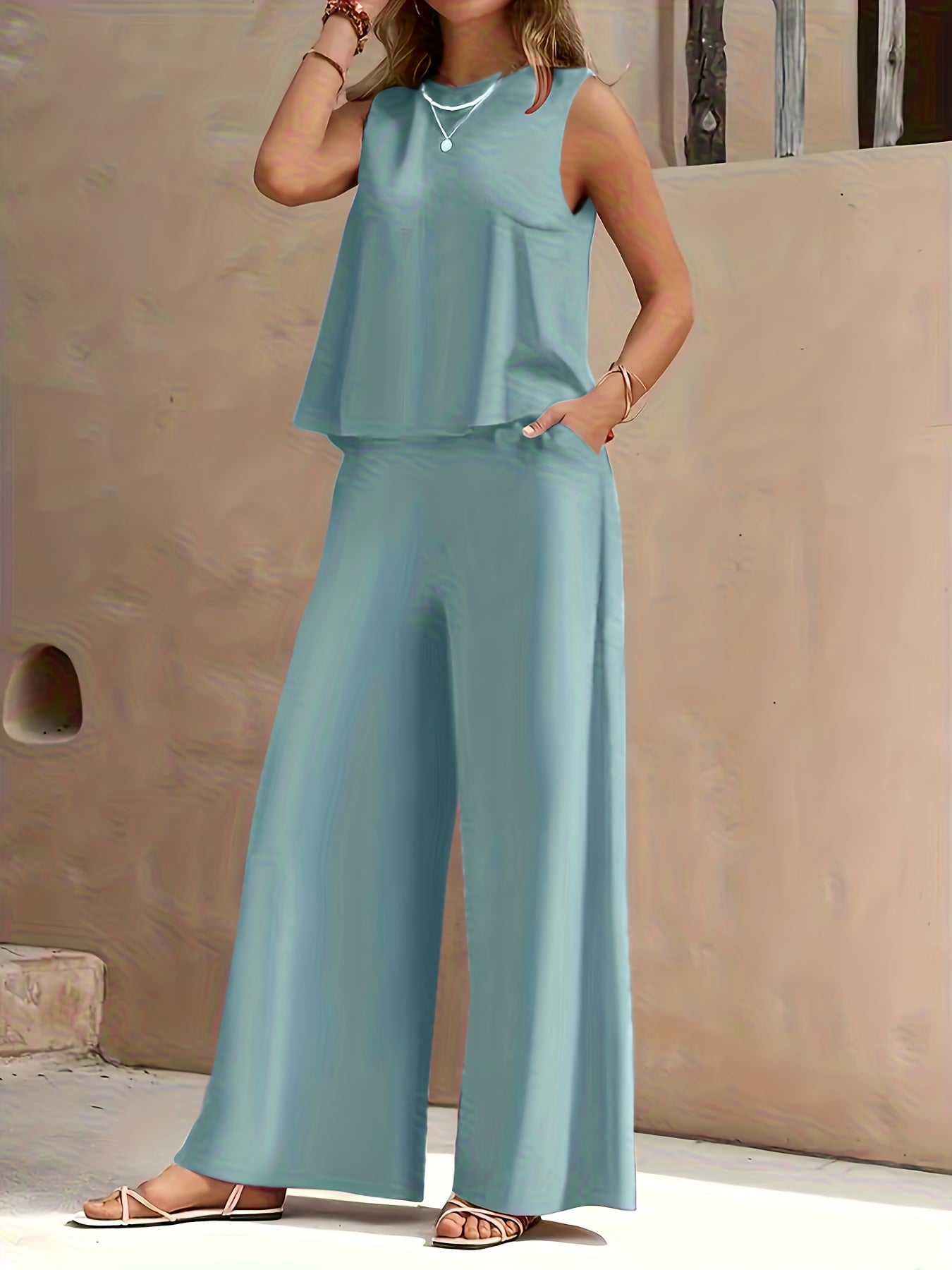 Conjunto Mujer Blusa Sin Mangas y Pantalón Palazzo Amplio Casual Cómodo para Verano, Viajes y Uso Diario