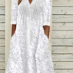Vestido Midi Blanco Flores Bordadas Manga 3/4 Escote en V Romántico Casual con Bolsillos para Mujer