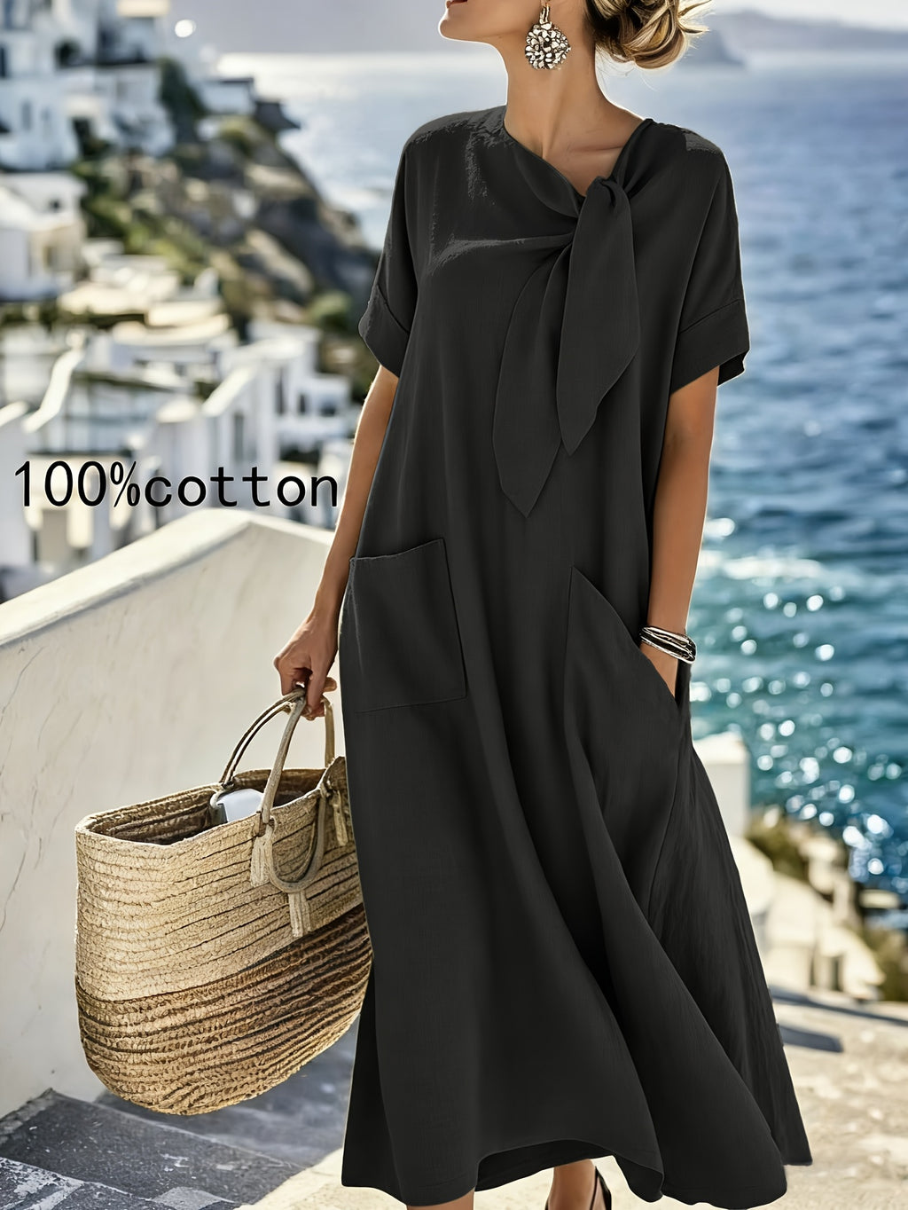 Vestido Midi Negro 100% Algodón Manga Corta Lazo Frontal con Bolsillos Casual Elegante Mujer