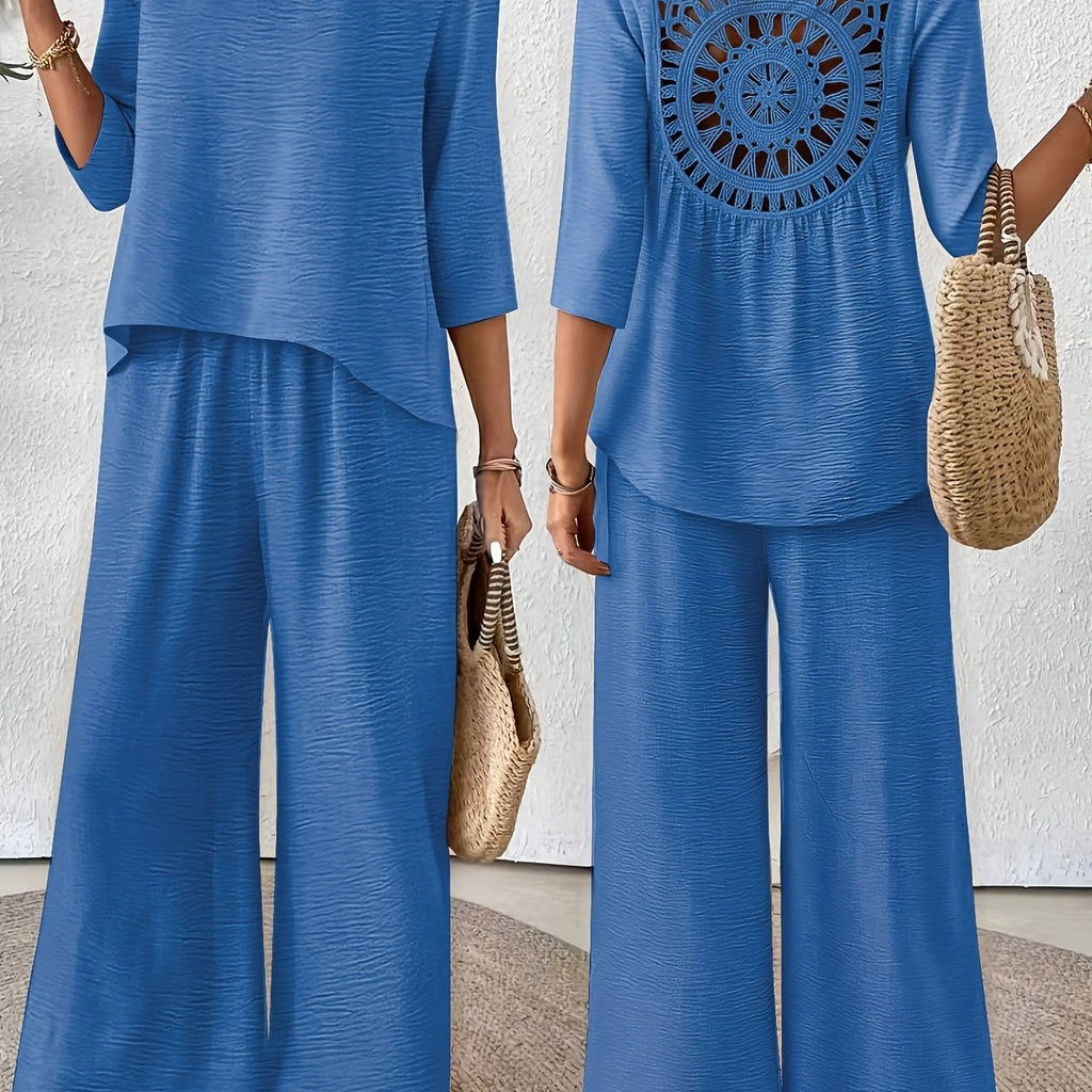 Conjunto 2 Piezas Top Crochet Espalda Manga 3/4 Pantalón Palazzo Casual Boho Mujer