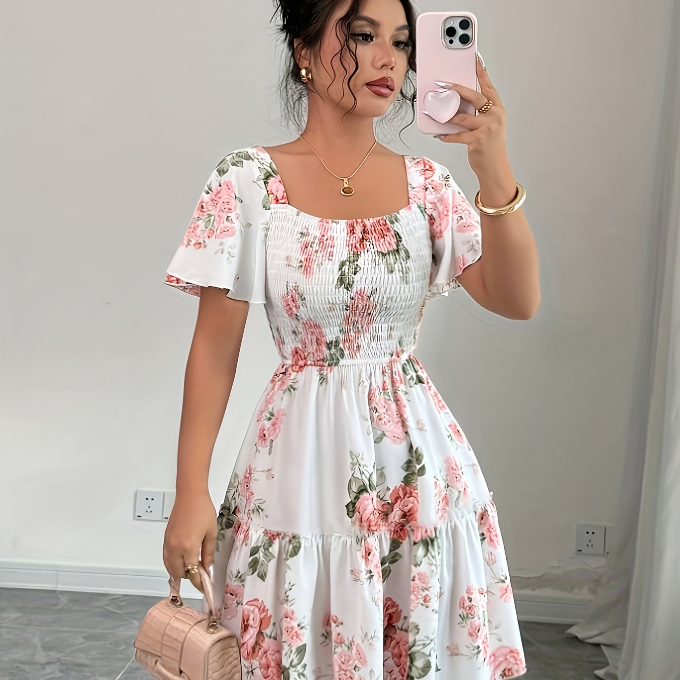 Vestido corto floral para mujer con cintura elástica, mangas sueltas y escote cuadrado - Casual y elegante