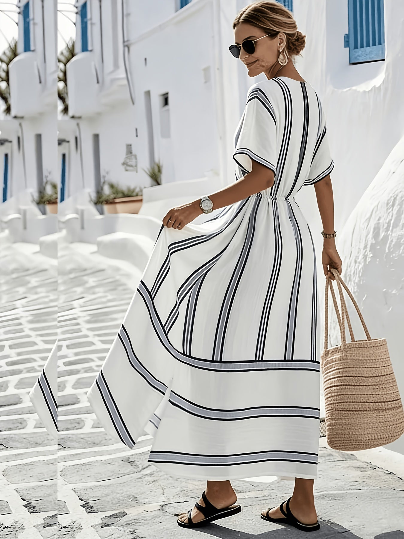 Vestido Maxi Cruzado Rayado Blanco Estilo Playero para Vacaciones con Escote V y Corte Fluido
