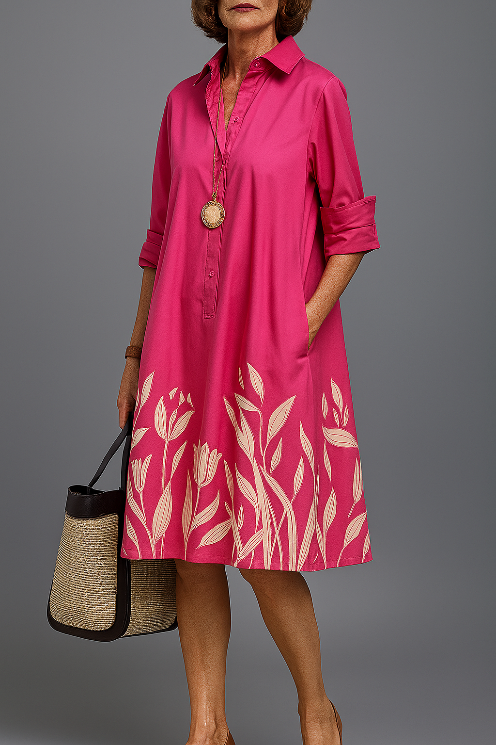 Vestido Chemise Feminino Rosa Estampado Elegante