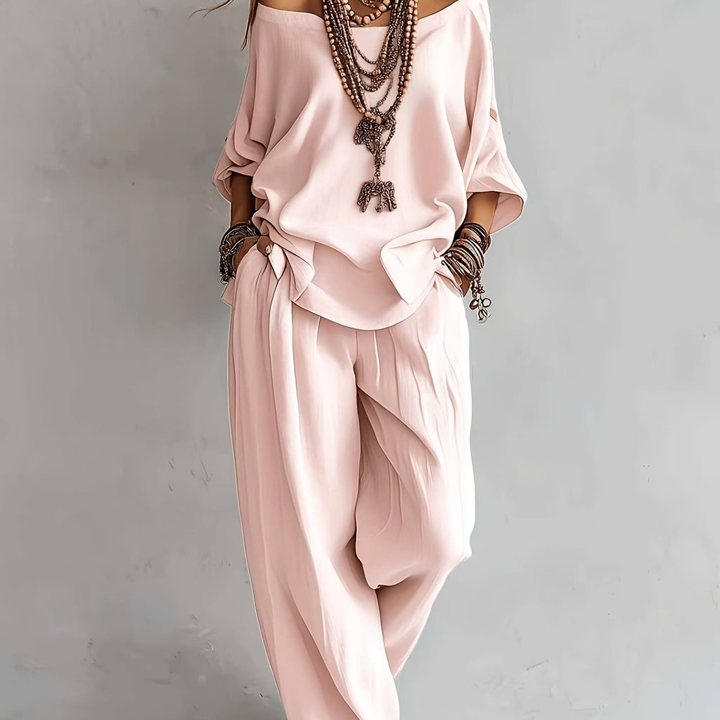 Conjunto Mujer Blusa de Hombros Descubiertos y Pantalón Amplio Estilo Boho Chic para Verano y Vacaciones
