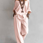 Conjunto Mujer Blusa de Hombros Descubiertos y Pantalón Amplio Estilo Boho Chic para Verano y Vacaciones