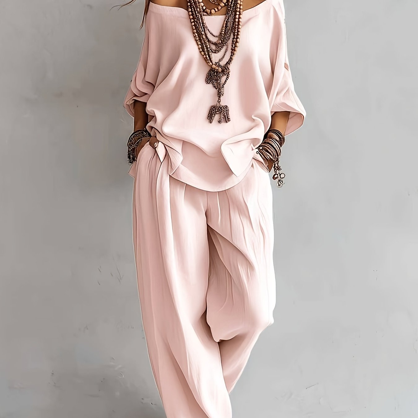 Conjunto Mujer Blusa de Hombros Descubiertos y Pantalón Amplio Estilo Boho Chic para Verano y Vacaciones