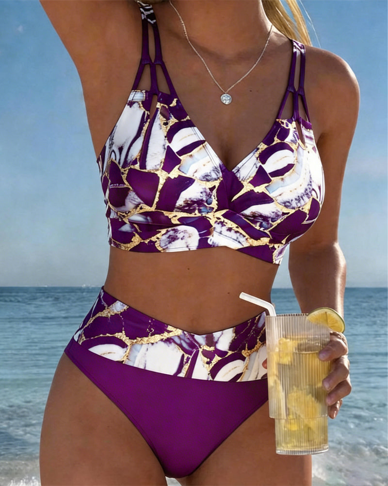 Bikini 2 Piezas Estampado Mármol Dorado Negro Tirantes Dobles Cruzados Top Triángulo Playa Mujer
