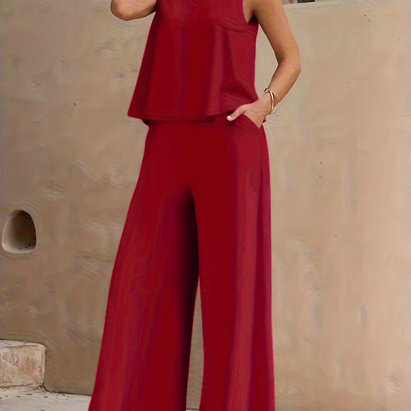 Conjunto Mujer Blusa Sin Mangas y Pantalón Palazzo Amplio Casual Cómodo para Verano, Viajes y Uso Diario