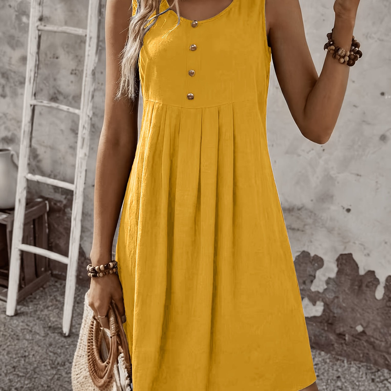 Vestido Corto Sin Mangas Rosa Casual de Verano con Botones Decorativos Corte Suelto A-Line