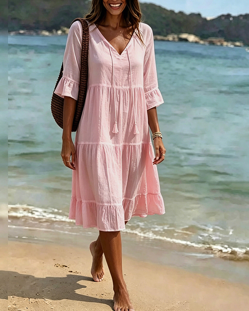 Vestido Midi Holgado con Escote V Manga 3/4 Estilo Playero Casual para Mujer con Volantes y Cordones