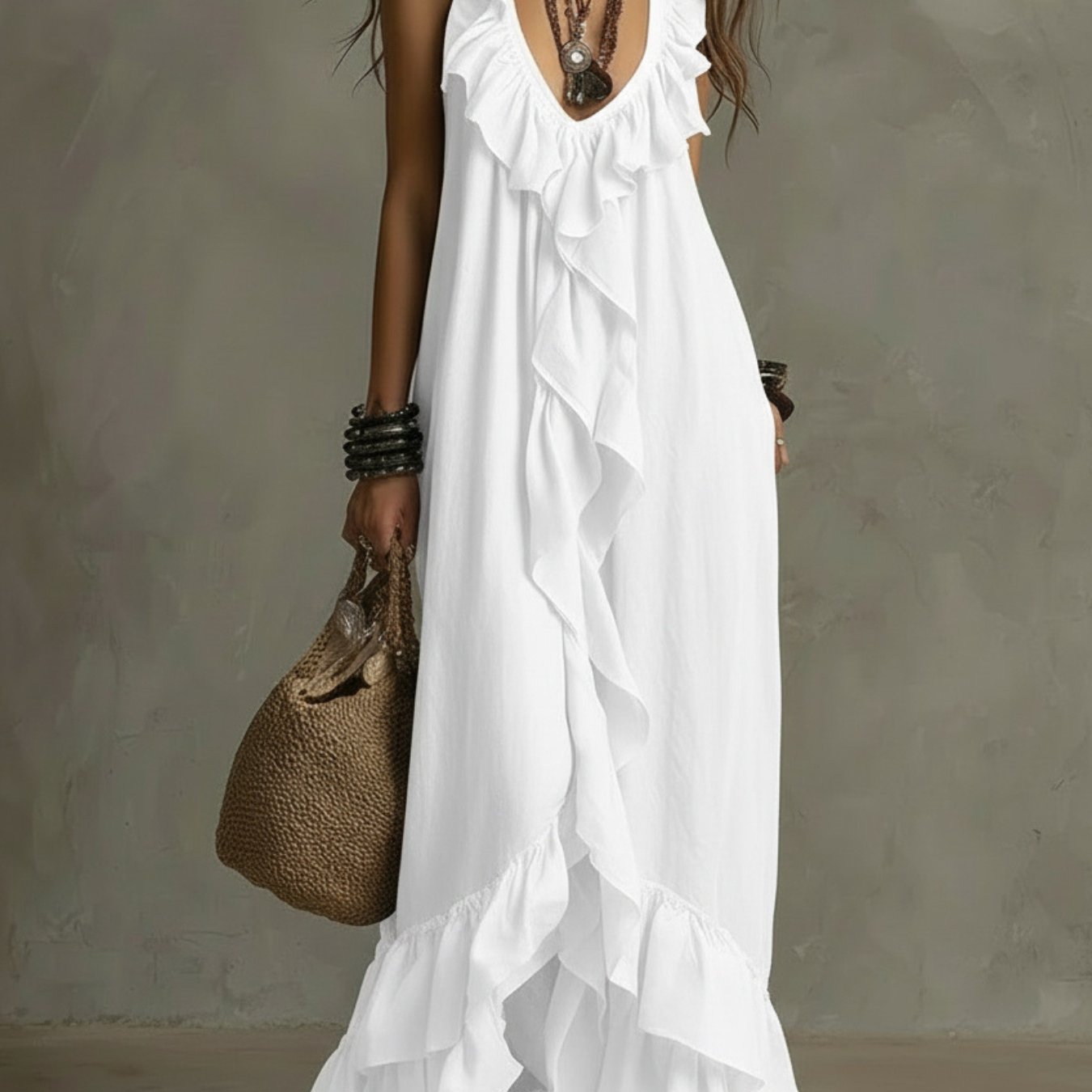Vestido Maxi Negro Volantes Escote V Profundo Sin Manga Boho Chic Playa Noche Mujer Elegante