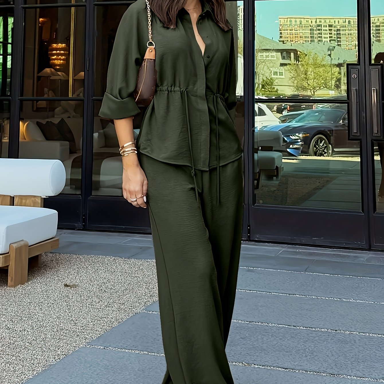 Conjunto Mujer Lino con Pantalón Palazzo Cintura Ajustable Casual Elegante