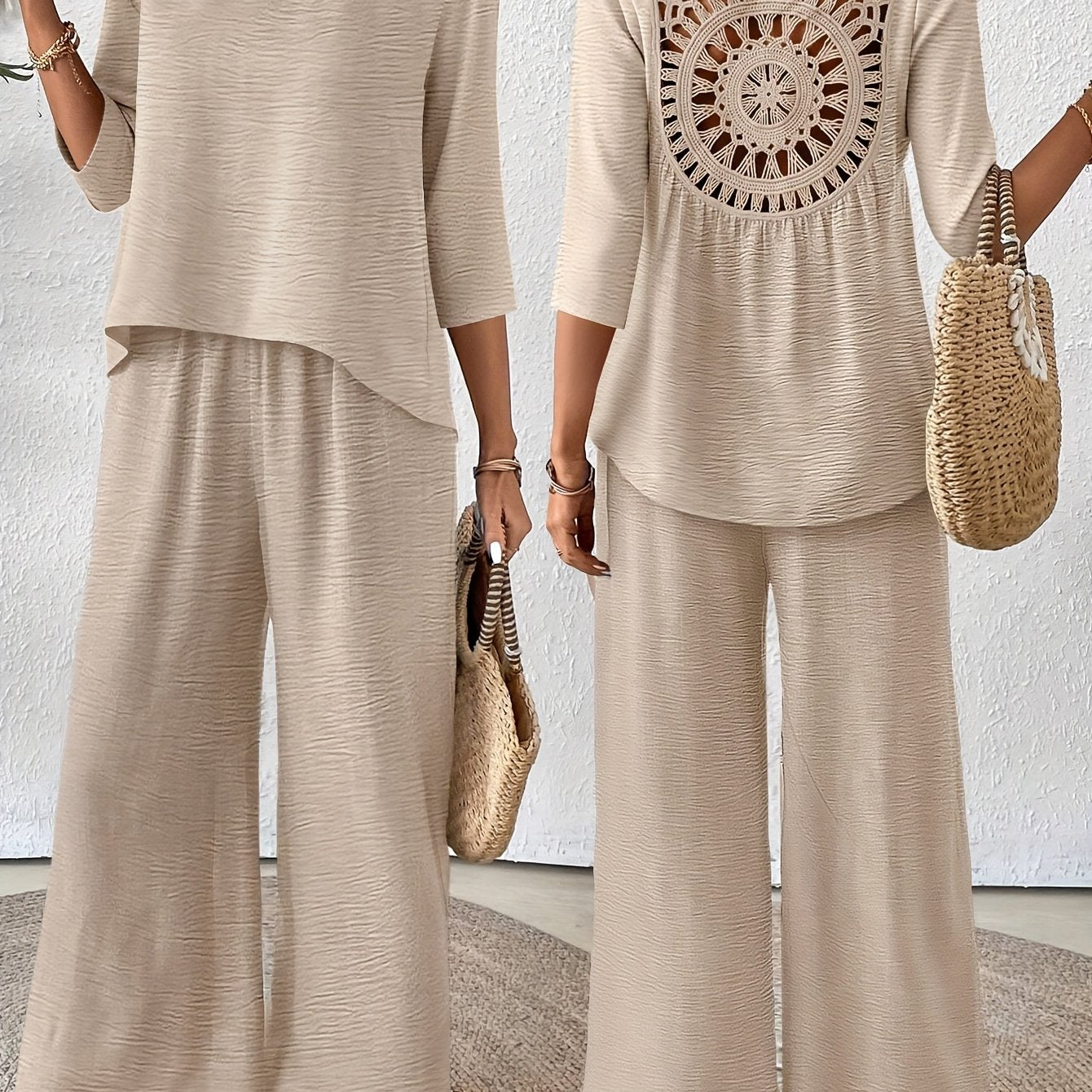 Conjunto 2 Piezas Top Crochet Espalda Manga 3/4 Pantalón Palazzo Casual Boho Mujer