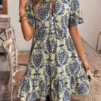 Vestido Elegante de Mujer con Estampado Floral - Cuello con Lazo, Manga Corta y Dobladillo con Volantes, Lavable a Máquina - Elección Perfecta para Primavera y Verano