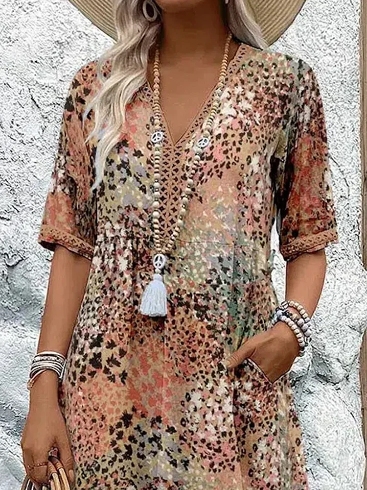 Vestido Midi Femenino Estampado con Escote en V y Manga Corta Casual