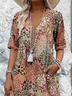Vestido Midi Femenino Estampado con Escote en V y Manga Corta Casual