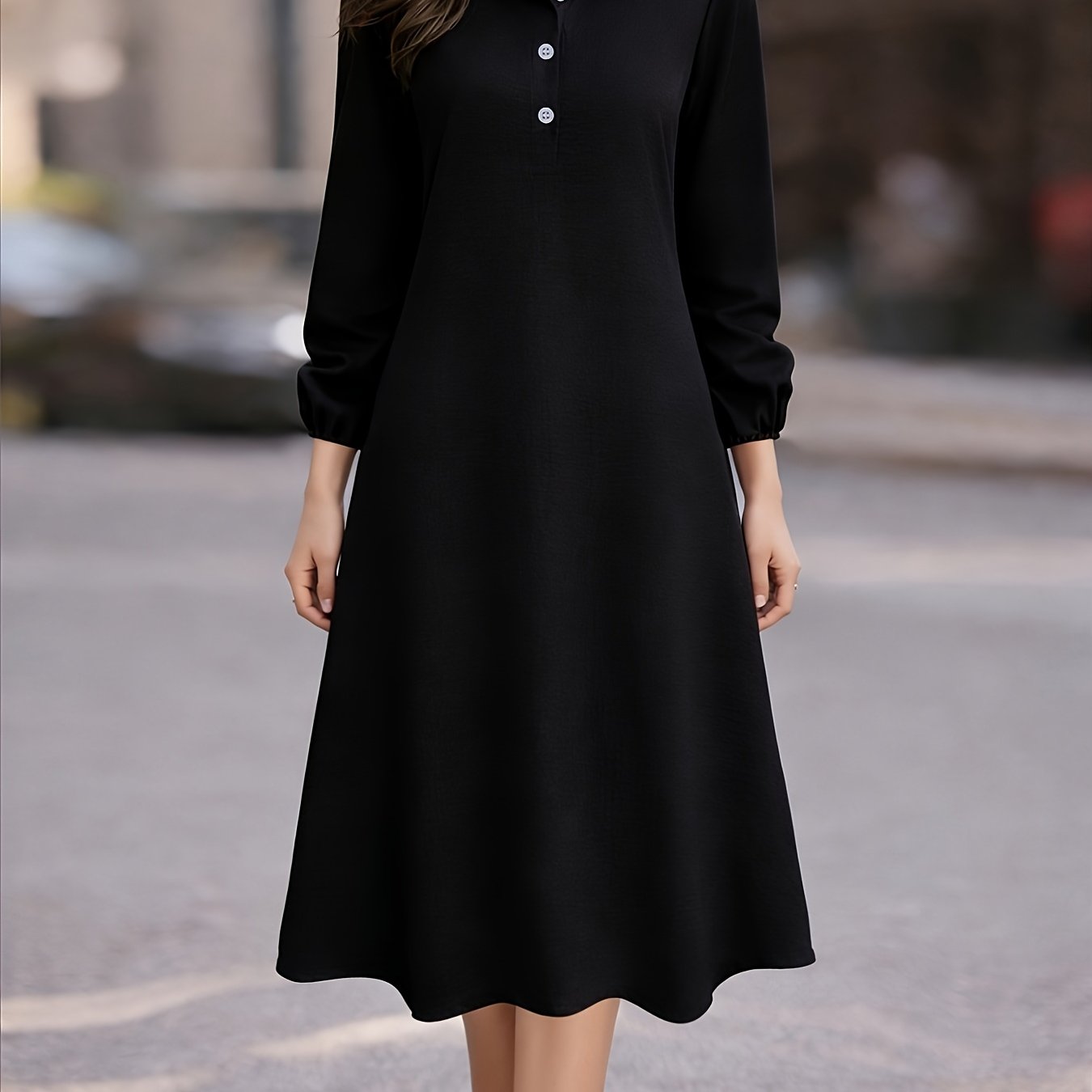 Vestido Midi Camisero Manga Larga Elegante para Oficina y Uso Casual