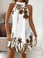 Vestido de Verano para Mujer con Cuello Halter - Estampado Floral en Blanco y , Mini A-Line, Manga Corta, Detalle Nudo, Lavable a Máquina, Elegante Vestido Casual, Sin Elástico