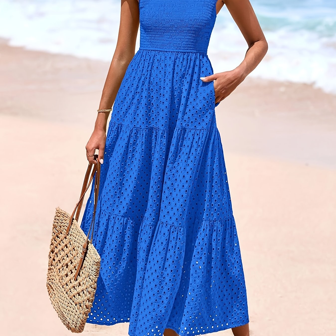 Elegante Vestido Midi de Verano para Mujer con Cuello Cuadrado, Manga Abullonada, Detalles de Encaje y Falda en A con Capas y Bolsillos - Color Sólido, Diseño Fluido Adecuado para Ocasiones Casuales o Formales, Vestido Largo Fluido sin Mangas