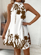 Vestido de Verano para Mujer con Cuello Halter - Estampado Floral en Blanco y , Mini A-Line, Manga Corta, Detalle Nudo, Lavable a Máquina, Elegante Vestido Casual, Sin Elástico