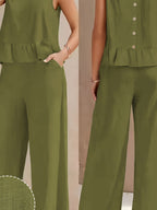 Conjunto de Lino Mujer Verde Oliva con Pantalón Palazzo Sin Mangas Casual Elegante Verano