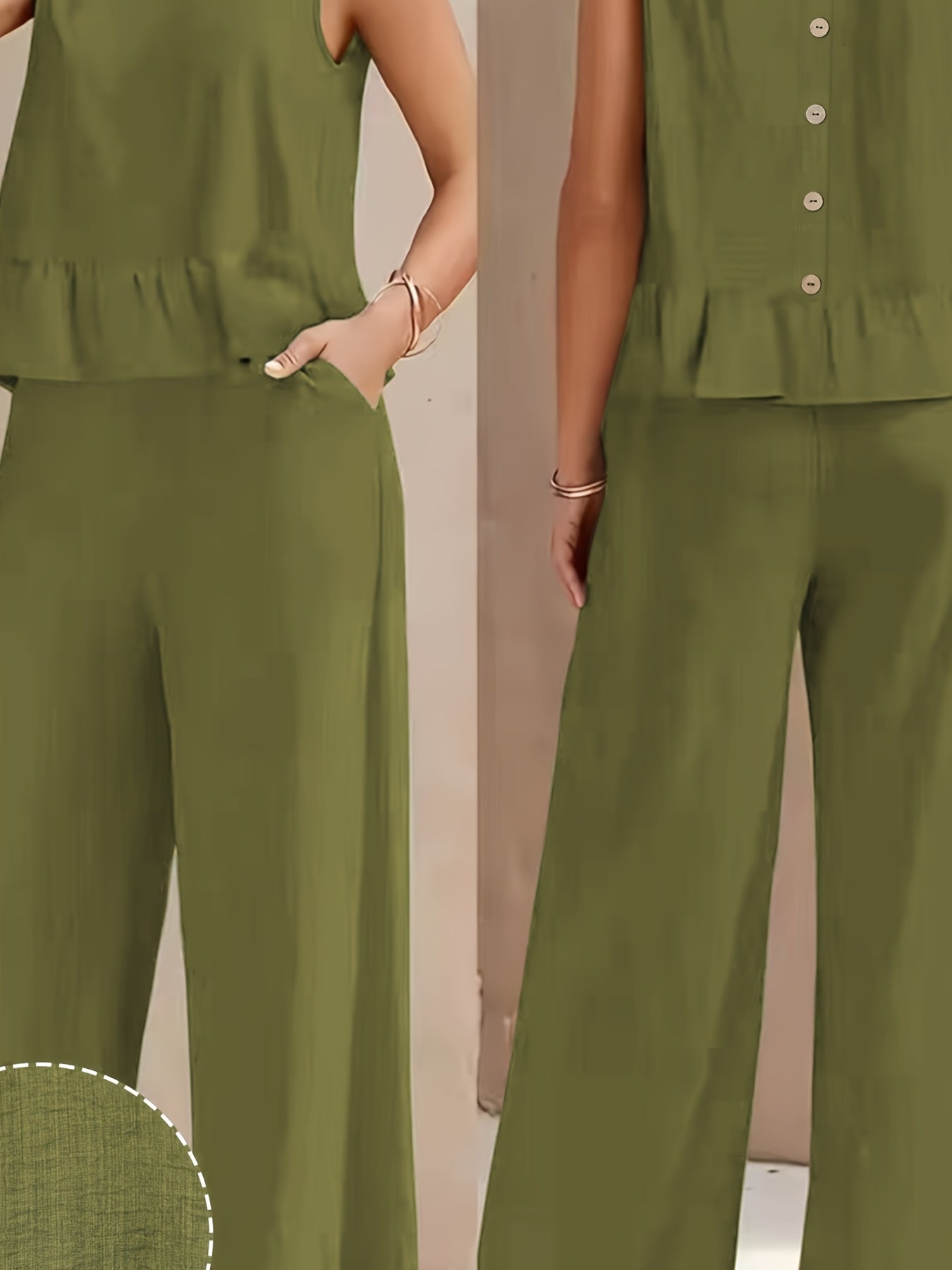 Conjunto de Lino Mujer Verde Oliva con Pantalón Palazzo Sin Mangas Casual Elegante Verano